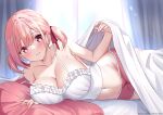  1girl artist_name bangs bed_sheet blush breasts camisole cleavage collarbone english_commentary fingernails groin hair_intakes hair_ribbon highres large_breasts long_fingernails looking_at_viewer lying maru.selinn mole nail_polish navel on_side original pink_eyes pink_hair pink_nails red_ribbon ribbon short_twintails smile solo stomach teeth twintails twitter_username under_covers white_camisole 