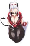  1girl absurdres belt black_belt black_pants breasts demon_girl demon_tail from_above gloves grey_eyes helltaker highres justice_(helltaker) large_breasts necktie pants red_gloves red_shirt seiza shirt sitting smile sunglasses tail white_background white_hair zergling_(cdror1004) 