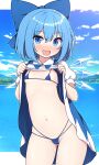  1girl :d bangs bikini blue_bow blue_dress blue_eyes blue_hair blush bow breasts cirno clothes_lift cloud cloudy_sky collared_shirt cowboy_shot dress dress_lift hair_between_eyes hair_bow highres horizon ice ice_wings lake lifted_by_self long_dress looking_at_viewer medium_hair micro_bikini navel open_mouth outdoors outside_border paid_reward_available pinafore_dress rizento shiny shiny_hair shirt sky small_breasts smile solo swimsuit touhou water white_shirt wings 