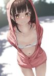  1girl arms_behind_back bikini blurry blurry_background blush breasts brown_hair closed_mouth collarbone commentary_request hood hooded_jacket jacket jonsun looking_at_viewer misaki_(jonsun) original pink_jacket small_breasts solo standing swimsuit thighs twitter_username white_bikini yellow_eyes 