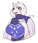  2020 anthro big_breasts blush boss_monster bovid breasts caprine clothed clothing dated dress fangs female floppy_ears fur goat half-length_portrait hand_on_chest horn looking_at_viewer mammal mature_female open_mouth open_smile portrait purple_eyes robe signature simple_background smile solo three-quarter_view toriel undertale undertale_(series) video_games white_background white_body white_fur yakoalyarin 