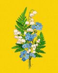  blue_flower bouquet commentary english_commentary fern flower forget-me-not_(flower) highres leaf libbyframe lily_of_the_valley no_humans original plant signature simple_background still_life white_flower yellow_background 