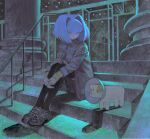  1girl bangs black_footwear black_pantyhose blue_hair dog full_body hands_on_own_legs highres hugging_own_legs jacket long_sleeves looking_at_another original pantyhose pet_cone seasideiiii short_hair sitting sitting_on_stairs solo stairs 