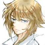  1boy bangs blue_eyes chain_chronicle erich_(chain_chronicle) hair_between_eyes jinkoshi_itori jitome looking_at_viewer male_focus parted_lips portrait scar scar_on_face shirt short_hair sidelocks signature simple_background solo white_background white_shirt 