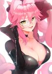  1girl absurdres animal_ear_fluff animal_ears bangs black_bodysuit blush bodysuit bow breasts center_opening choker cleavage fate/grand_order fate_(series) fox_ears fox_girl fox_tail glasses hair_between_eyes hair_bow highres koyanskaya_(assassin)_(first_ascension)_(fate) koyanskaya_(fate) large_breasts long_hair looking_at_viewer moritaeaka open_mouth pink_bow pink_hair ponytail sidelocks smile solo tail tamamo_(fate) yellow_eyes 