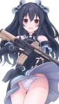  1girl bare_shoulders black_dress black_hair blush bow bow_panties breasts clothes_lift dress dress_lift elbow_gloves embarrassed fingerless_gloves giga-tera gloves gun hair_ribbon holding holding_gun holding_weapon long_hair looking_at_viewer neptune_(series) panties red_eyes ribbon rifle scope small_breasts sniper_rifle solo strapless strapless_dress sweat trigger_discipline two_side_up underwear uni_(neptune_series) upskirt weapon white_panties wind wind_lift 