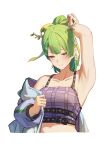  1girl adjusting_hair antlers armpits belt bow braid ceres_fauna crop_top erezu french_braid green_hair hair_bow highres hololive hololive_english jacket jacket_partially_removed leaf midriff ponytail simple_background solo upper_body virtual_youtuber white_background 