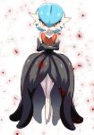  1girl absurdres alternate_color bangs bare_shoulders black_dress black_gloves blue_hair blush bob_cut bright_pupils collarbone colored_skin commentary crossed_arms ddingyong dress elbow_gloves flat_chest full_body gardevoir gloves hair_between_eyes highres legs legs_together looking_at_viewer mega_gardevoir mega_pokemon open_mouth orange_eyes pokemon pokemon_(creature) shiny shiny_clothes shiny_hair shiny_pokemon shiny_skin short_hair solo standing straight-on strapless strapless_dress white_background white_pupils white_skin 