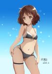  1girl absurdres artist_name bikini blue_background breasts brown_eyes brown_hair contrapposto dated front-tie_bikini_top front-tie_top gradient gradient_background grey_bikini hibike!_euphonium highres looking_at_viewer multi-strapped_bikini navel oumae_kumiko short_hair small_breasts solo standing suzawa_aya swimsuit 
