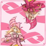  2girls absurdres blush_stickers breasts cancer_(disease) dark-skinned_female dark_magician_girl dark_skin green_eyes heart heart-shaped_boob_challenge heart_hands highres large_breasts long_hair mr_bowater multiple_girls pink_ribbon purple_eyes ribbon smile unfinished upper_body upside-down yu-gi-oh! 