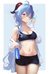  1girl ;o absurdres adelie_cat ahoge alternate_costume bangs bare_shoulders black_shorts black_sports_bra blue_background blue_hair blush border bottle breasts can cleavage commentary cowboy_shot crop_top dolphin_shorts drink english_commentary flying_sweatdrops ganyu_(genshin_impact) genshin_impact goat_horns hair_between_eyes highres holding holding_bottle holding_drink horns looking_at_viewer medium_breasts mole mole_on_breast navel off_shoulder one_eye_closed open_clothes open_shirt parted_lips plastic_bottle purple_eyes shirt shorts sidelocks solo sports_bra stomach sweat thighs two-tone_background wet white_border white_shirt 