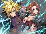  1boy 1girl aerith_gainsborough arched_back armor back-to-back bangs belt black_gloves blonde_hair blue_eyes blue_shirt braid braided_ponytail brown_belt brown_hair buster_sword cloud_strife cropped_jacket dress earrings fighting_stance final_fantasy final_fantasy_vii fujimaru_(green_sparrow) gloves green_eyes grey_background hair_between_eyes hair_ribbon holding holding_sword holding_weapon jacket jewelry lifestream long_hair looking_at_viewer looking_back materia parted_bangs pink_dress pink_ribbon red_jacket ribbon shirt short_hair short_sleeves shoulder_armor sidelocks single_earring sleeveless sleeveless_shirt smile spiked_hair suspenders sword toned toned_male twitter_username upper_body wavy_hair weapon 