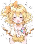  1girl blonde_hair breasts choker cleavage closed_eyes clover_ornament cure_pine earrings fresh_precure! hair_ornament heart heart_earrings heart_hair_ornament highres jewelry medium_breasts medium_hair okayashi open_mouth orange_choker own_hands_together precure shirt short_sleeves shouting side_ponytail simple_background solo upper_body white_background wrist_cuffs yamabuki_inori yellow_shirt 