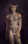  animal_genitalia anthro artist_name balls black_hair black_nipples black_nose chest_tuft felid front_view fully_sheathed fur genitals glistening glistening_eyes hair hi_res himeragoldtail long_hair looking_at_viewer male mammal mouth_closed narrowed_eyes nipples nude portrait sheath simple_background solo spots spotted_arms spotted_body spotted_fur spotted_legs standing tan_balls tan_body tan_fur tan_sheath three-quarter_portrait tuft 