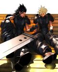  2boys armor baggy_pants belt black_gloves blue_shirt boots brown_footwear buster_sword closed_mouth cloud_strife crisis_core_final_fantasy_vii final_fantasy final_fantasy_vii full_body gloves ground_vehicle hair_between_eyes hair_slicked_back highres ldawb looking_at_another looking_down male_focus medium_hair motor_vehicle multiple_belts multiple_boys open_mouth pants pickup_truck shirt short_hair shoulder_armor signature sitting sleeveless sleeveless_turtleneck smile spiked_hair talking toned toned_male truck turtleneck white_background zack_fair 