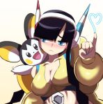  1girl arm_up bangs black_eyes black_hair blue_eyes blue_nails blunt_bangs blush blush_stickers breasts cheek-to-cheek cleavage closed_mouth coat collarbone commentary_request crop_top ddingyong elesa_(pokemon) embarrassed emolga gradient gradient_background half-closed_eyes hand_up happy head_tilt headphones heads_together heart jitome korean_commentary large_breasts long_hair long_sleeves looking_at_viewer looking_away looking_to_the_side mixed-language_commentary nail_polish nose_blush open_clothes open_coat open_mouth pinky_out pokemon pokemon_(creature) pokemon_(game) pokemon_bw2 shiny shiny_hair shiny_skin shirt shy simple_background single_bare_shoulder sleeveless sleeveless_shirt smile twintails upper_body yellow_background yellow_coat yellow_shirt 