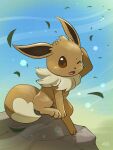  2022 3:4 3_toes black_nose blue_background brown_body brown_ears brown_eye brown_fur brown_tail colored digital_media_(artwork) digital_painting_(artwork) dipstick_tail eevee feet female feral fur fur_collar generation_1_pokemon glistening glistening_eyes hakkentai_pkdn hi_res leaf looking_at_viewer markings nintendo one_eye_closed open_mouth pawpads paws pokemon pokemon_(species) raised_paw rock shadow signature simple_background sitting solo tail_markings toes tongue video_games white_body white_fur white_tail_tip wind 