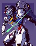  2022 absurdres alex_(apdoodles) blue_eyes cowboy_shot glowing glowing_eye gundam gundam_aerial gundam_suisei_no_majo highres holding holding_sword holding_weapon mecha mobile_suit no_humans purple_background robot signature solo sword v-fin weapon 