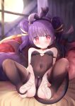  1girl bangs bare_shoulders black_leotard black_thighhighs black_wings blush breasts cameltoe closed_mouth clothing_cutout commentary covered_nipples curtains demon_girl demon_tail demon_wings english_commentary fire_emblem fire_emblem_heroes full_body full_moon heart_cutout highres indoors leotard long_hair looking_at_viewer moon myrrh_(fire_emblem) no_shoes pillow purple_hair red_eyes renew_vivi sidelocks small_breasts soles solo stirrup_legwear tail thighhighs toeless_legwear twintails window wings 