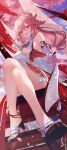  1girl bare_shoulders blurry blush breasts camunekoz cherry_blossoms crossed_legs depth_of_field detached_sleeves earrings fox_shadow_puppet genshin_impact hair_ornament highres jewelry looking_at_viewer medium_breasts nontraditional_miko pink_hair purple_eyes sideboob sitting sleeves_past_wrists smile solo thighs yae_miko 