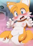  2022 2_tails 5_fingers anthro areola blush bodily_fluids breasts canid canine clothing crossgender dagasi digital_media_(artwork) female fingers fox fur gloves handwear hi_res mammal miles_prower mostly_nude mtf_crossgender multi_tail nipples sega solo sonic_the_hedgehog_(series) sweat 