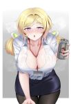  :o absurdres aki_rosenthal bangs beer_can between_breasts black_pantyhose blonde_hair blue_skirt blush bra_visible_through_clothes breasts can cleavage collarbone collared_shirt cowboy_shot drunk hair_intakes highres huge_breasts id_card lanyard large_breasts leaning_forward long_hair looking_at_viewer office_lady outside_border pantyhose parted_bangs partially_unbuttoned pencil_skirt purple_eyes see-through shirt shirt_tucked_in simple_background skirt sweat thanaphondeech1 thigh_gap twintails virtual_youtuber wet wet_clothes wet_shirt white_shirt 