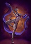  anthro artist_name black_nose blue_eyes clothing dancing felid female front_view full-length_portrait fur grey_body grey_fur hi_res himeragoldtail looking_at_viewer mammal narrowed_eyes navel panties portrait purple_clothing purple_panties purple_underwear simple_background solo standing striped_arms striped_legs striped_neck underwear 
