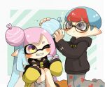  2girls aqua_hair black_hoodie blush bowl_cut burst_bomb_(splatoon) cosplay domino_mask grey_eyes highres hood hood_down hoodie inkling inkling_girl iono_(pokemon) iono_(pokemon)_(cosplay) jacket long_hair mask multicolored_hair multiple_girls pantyhose penny_(pokemon) penny_(pokemon)_(cosplay) pink_hair pointy_ears pokemon pokemon_(game) pokemon_sv print_legwear purple_eyes red_hair short_hair smile smr_ika splatoon_(series) yellow_jacket 