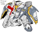  absurdres commentary_request gundam gundam_deathscythe gundam_wing highres holding mecha mobile_suit no_humans partial_commentary purple_eyes redesign robot science_fiction sd_gundam sketch solo v-fin waishou_(fusuma) white_background 