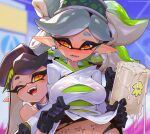  2girls ;d absurdres black_gloves black_hair blush body_writing breasts callie_(splatoon) clothes_lift cross-shaped_pupils cum_in_container cum_in_cup cup ear_piercing gloves grey_hair highres holding holding_cup lifted_by_another long_hair looking_at_another marie_(splatoon) medium_breasts mole mole_under_eye mug multiple_girls one_eye_closed open_mouth piercing pointy_ears reagan_long shirt shirt_lift short_eyebrows smile splatoon_(series) splatoon_3 symbol-shaped_pupils tally thick_eyebrows white_shirt yellow_eyes 