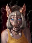  1_horn anthro black_lips blue_eyes bust_portrait clothed clothing domestic_cat facial_piercing fangs felid feline felis female front_view glistening glistening_eyes grey_body grey_hair grey_skin hair hi_res himeragoldtail horn lips looking_at_viewer mammal narrowed_eyes nose_piercing nose_ring open_mouth piercing pink_nose portrait red_tongue ring_piercing septum_piercing septum_ring simple_background solo tongue topwear white_horn yellow_clothing yellow_topwear 
