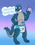  absurd_res animate_inanimate anthro birthdefectboi dialogue diaper dinosaur hand_on_hip hi_res holding_diaper infantilism inflatable living_inflatable looking_at_viewer male open_mouth pool_toy reptile scalie simple_background skipper smile solo theropod touching_diaper tyrannosaurid tyrannosaurus tyrannosaurus_rex 