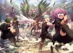  4boys 5girls animal axe bernadetta_von_varley bird book byleth_(fire_emblem) byleth_(fire_emblem)_(female) caspar_von_bergliez closed_eyes crying dorothea_arnault edelgard_von_hresvelg ferdinand_von_aegir fighting fire_emblem fire_emblem:_three_houses fleeing garreg_mach_monastery_uniform highres holding holding_axe holding_polearm holding_sword holding_weapon hubert_von_vestra linhardt_von_hevring midair monster moyashi_mou2 multiple_boys multiple_girls open_book open_mouth oversized_animal petra_macneary pointing polearm pulled_by_another running sitting sword thighhighs thighs weapon 