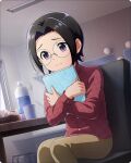  1boy black_hair bottle buttons cup fingernails glasses idolmaster idolmaster_side-m idolmaster_side-m_growing_stars long_sleeves male_child male_focus official_art okamura_nao purple_eyes shirt sitting water_bottle worried 