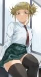  1girl absurdres alternate_costume bags_under_eyes bangs blonde_hair blunt_bangs boku_no_hero_academia classroom collared_shirt desk double_bun fengling_(furin-jp) green_skirt hair_bun highres indoors long_sleeves looking_at_viewer messy_hair narrowed_eyes necktie on_desk parted_lips pleated_skirt red_necktie school school_desk school_uniform shirt sidelocks sitting sitting_on_desk skirt slit_pupils solo thighhighs toga_himiko u.a._school_uniform white_shirt window yellow_eyes 