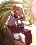  1girl aisuqinle bangs black_clover blunt_bangs cape capelet fur-trimmed_capelet fur_trim green_eyes hand_in_own_hair highres holding holding_cape holding_clothes long_hair looking_at_viewer mimosa_vermillion orange_hair plant red_cape smile solo yellow_capelet 