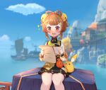  1girl 3d_background :d ? absurdres bangs bell blunt_bangs blurry braid brown_eyes brown_hair candy_rimo chinese_clothes commentary depth_of_field english_commentary genshin_impact hair_bell hair_ornament highres holding holding_letter holding_paper letter long_hair long_sleeves pantyhose paper reading sidelocks sitting smile solo stuffed_animal stuffed_bunny stuffed_toy white_pantyhose yaoyao_(genshin_impact) 
