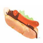  animal_ears animal_hands black_cat cat cat_ears chai_(drawingchisanne) commentary_request food food_focus holding holding_food hot_dog hot_dog_bun lettuce lying no_humans on_back on_food original sausage simple_background tail undersized_animal white_background 