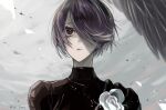  1boy akehata_hikari baraou_no_souretsu black_hair facing_viewer flower grey_sky hair_over_one_eye outdoors petals richard_iii_(baraou) short_hair solo upper_body white_flower 