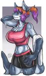  absurd_res anthro big_breasts bodily_fluids bottomwear breasts cleavage clothed clothing elyzalizah female fish hi_res marine shark shorts side_boob solo sweat towel 