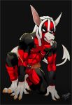  2021 anthro belt claws clothing cosplay costume deadpool digitigrade dreadlocks front_view hair hi_res kobold looking_at_viewer male marvel muscular muscular_male nanuna open_mouth pose pouches simple_background solo spade_tail teeth tight_clothing toe_claws tongue white_body white_eyes white_hair 