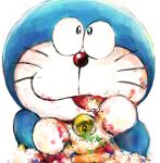  2019 anthro bell blue_body blue_fur domestic_cat doraemon doraemon_(character) eating felid feline felis food front_view fur machine male mammal mt_tg open_mouth red_nose robot shaded simple_background solo standing whiskers white_background white_body white_fur 