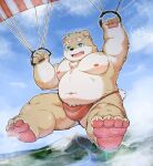  2022 anthro asian_clothing belly big_belly blue_eyes cai_yuwang canid canine canis clothing detailed_background domestic_dog east_asian_clothing fundoshi japanese_clothing kemono male mammal moobs mountain navel nipples outside overweight overweight_male red_clothing red_fundoshi red_underwear river solo underwear 