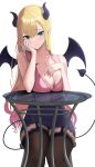  1girl absurdres bat_tattoo black_thighhighs blonde_hair blue_skirt blush breast_rest breast_tattoo breasts cleavage demon_girl demon_tail demon_wings frilled_shirt frills garter_straps glass_table gradient_hair green_eyes hand_on_own_cheek hand_on_own_face higasino3ldk highres hololive lace-trimmed_legwear lace_trim large_breasts long_hair looking_at_viewer low-cut multicolored_hair parted_lips pink_hair pink_shirt pointy_ears shirt simple_background sitting skirt sleeveless sleeveless_shirt solo table tail tattoo thighhighs virtual_youtuber white_background winged_heart wings yuzuki_choco 