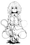  1girl closed_mouth expressionless fe_(tetsu) full_body highres knife komeiji_koishi long_sleeves looking_at_viewer monochrome seiza shirt short_hair sitting skirt solo third_eye touhou 