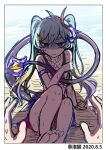  1boy 1girl 2020 absurdres artist_name bangs beach blue_eyes blue_hair captain_(honkai_impact) fei_lio_mao highres honkai_(series) honkai_impact_3rd horns liliya_olenyeva looking_at_viewer on_floor open_mouth outdoors pov sand shadow single_horn sitting soles swimsuit tail toes twintails 