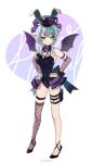  1girl animal_ears back_bow belt_pouch black_bridal_gauntlets black_collar black_footwear black_gloves black_leotard bow breasts bsapricot_(vtuber) collar demon_horns demon_wings elbow_gloves fishnet_thighhighs fishnets full_body gloves green_hair grey_hair grin hands_on_hips hat heart heart_background high_heels highres horn_piercing horns leotard looking_at_viewer miebao mini_hat mini_top_hat multicolored_hair multiple_straps playboy_bunny pointy_ears pouch purple_horns rabbit_ears short_hair_with_long_locks single_thighhigh smile solo standing teeth thighhighs thighlet top_hat two-tone_hair virtual_youtuber vshojo weibo_logo weibo_username white_background wings 
