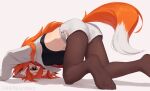  2022 all_fours animal_humanoid breasts canid canid_humanoid canine canine_humanoid clothed clothing female fox_humanoid hair humanoid mammal mammal_humanoid midriff navel orange_eyes orange_hair simple_background solo yoako 