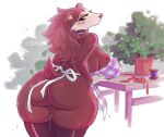  animal_crossing anthro apron apron_only big_breasts big_butt biped blush breast_rest breasts brown_body brown_fur brown_hair butt clothing countershade_fur countershading eulipotyphlan eyelashes female flower freckles fur furniture gloves_(marking) hair hedgehog huge_breasts leaning_on_table legwear long_hair looking_at_viewer looking_back mammal markings mostly_nude nintendo petals plant plant_pot rear_view ribbons sable_able side_boob signature simple_background solo standing stockings table text thick_thighs thigh_highs thread url video_games white_background wide_hips yakoalyarin 