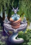 anthro artist_name big_breasts black_hair blue_body blue_eyeshadow blue_hair blue_wings breasts closed_smile clothed clothing dragon eyes_closed eyeshadow female front_view full-length_portrait grass grey_body grey_horn hair hi_res himeragoldtail horn huge_breasts makeup mouth_closed multicolored_hair orange_clothing outside plant portrait scalie shrub solo striped_horn stripes tree two_tone_hair wing_claws wings 